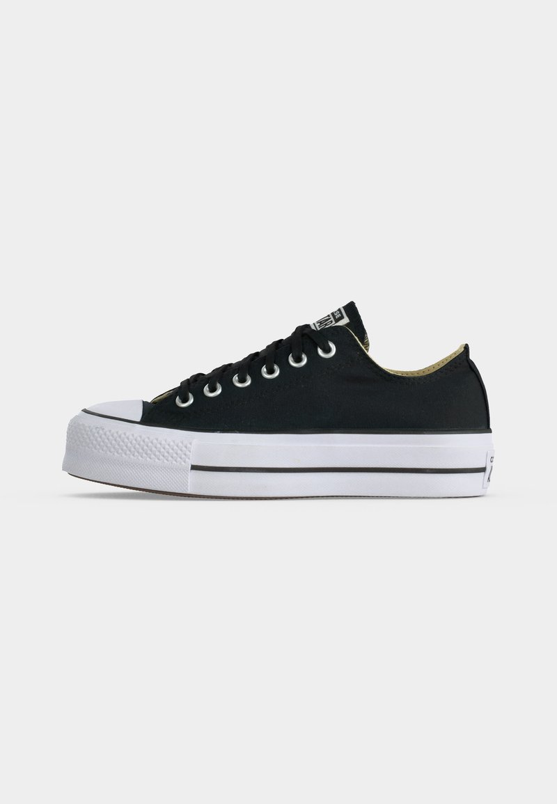 Sneaker bassa in tela nera con suola in gomma bianca, punta bianca, occhielli in metallo, lacci neri e etichetta con logo sulla linguetta.