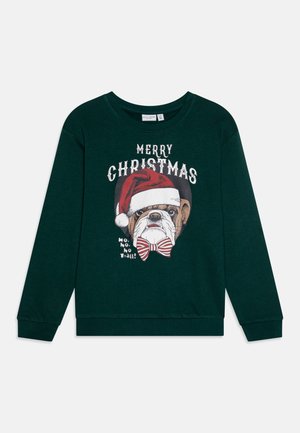 Mørkegrøn langærmet sweater med bulldog iført nissehue og stribet butterfly, tekst "Glædelig jul" og "Ho, ho, ho allesammen!"