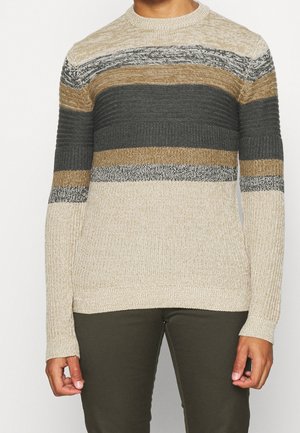 Mand iført beige, grå og brun stribet striktrøje med lange ærmer og olivengrønne bukser, stående mod en ensfarvet baggrund.