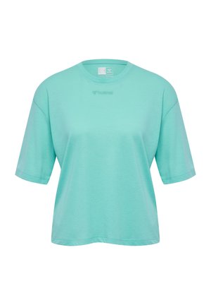 Mint green short-sleeve T-shirt, made of textured fabric, features a round neckline and a subtle logo on the chest.