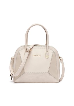 Beige gestructureerde handtas met dubbele handvatten en verstelbare schouderriem, voorzien van een goudkleurig "DERIMOD"-logo en een geometrisch gestikt paneelontwerp.