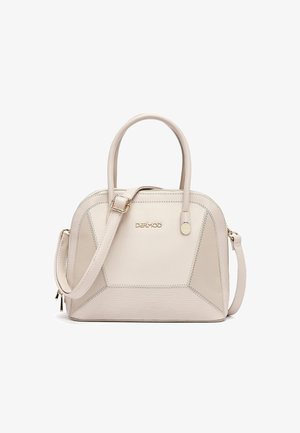 Borsa a mano beige strutturata con doppi manici e tracolla regolabile, caratterizzata dal logo "DERIMOD" color oro e da un pannello geometrico con cuciture.