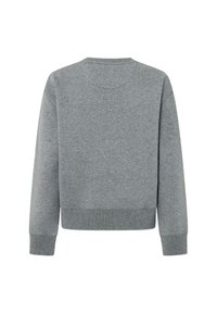 Sudadera gris con cuello redondo, puños y dobladillo acanalados. Hecha de una tela suave con una textura lisa. Presenta un diseño simple y sin adornos.