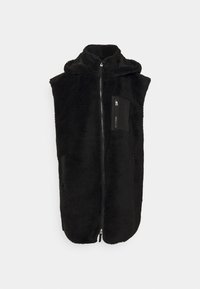 Czarna bezrękawnikowa kamizelka wykonana z teksturowanej, miękkiej tkaniny. Posiada kaptur, przedni suwak oraz małą kieszeń na zamek po lewej stronie.