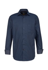 Camicia a maniche lunghe blu navy con chiusura a bottoni, taschino singolo sul petto e polsini con motivo. Realizzata in tessuto morbido con colletto classico.