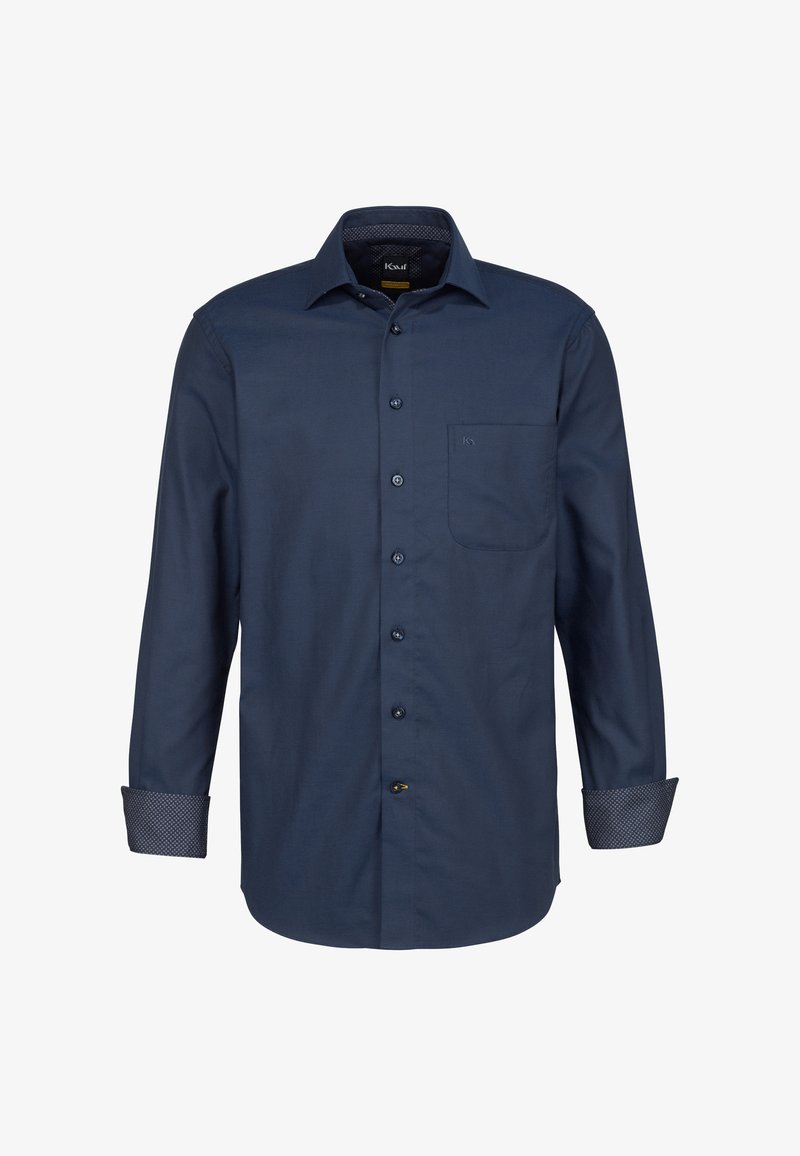 Camicia a maniche lunghe blu navy con chiusura a bottoni, taschino singolo sul petto e polsini con motivo. Realizzata in tessuto morbido con colletto classico.