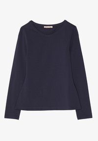 Maglietta a maniche lunghe blu navy in tessuto morbido ed elastico. Design con scollo a V, vestibilità rilassata e orlo curvo. Aspetto semplice e minimalista.