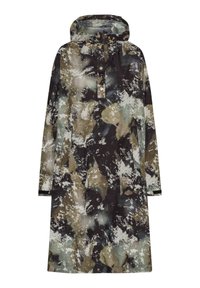 Parka resistente al agua con un patrón de camuflaje en tonos apagados, que cuenta con capucha, botones a presión y bolsillos frontales. Los colores incluyen negro, verde y beige.