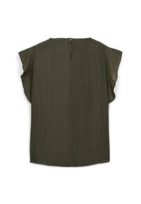 Blusa verde oliva con maniche corte a farfalla, tessuto texture caratterizzato da sottili righe verticali e apertura a forma di chiave sulla schiena.