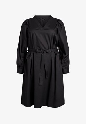 Zwarte jurk tot de knie met lange puff mouwen, V-hals, geraffineerde taille en een stoffen riem die aan de voorkant in een strik is geknoopt.