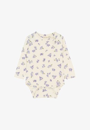 Langærmet babysuit i cremefarve med blomstermønster i nuancer af lilla. Har knap på skulderen og trykknaplukninger i bunden.