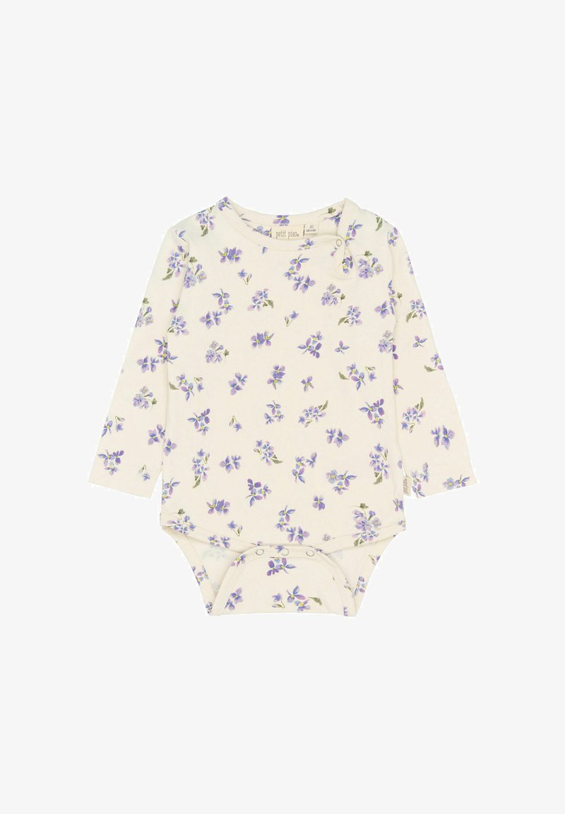 Bodysuit pour bébé à manches longues en crème, avec un motif floral dans des nuances de violet. Dispose de boutons aux épaules et de fermetures à pression au bas.