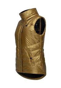 Zlatna, bezrukavna puffer prsluk s visokim ovratnikom, dijagonalnim šavovima i bočnom džepom. Unutarnja podstava od materijala s uzorkom.