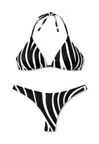 Bikini deux-pièces noir et blanc à rayures zèbrées, haut triangle avec lien au cou et culotte taille basse sur fond blanc.