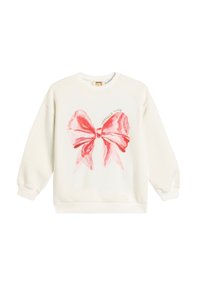 Felpa bianca in cotone con una grande grafica di un fiocco rosa acquerellato e il testo "SPARKLE TIME", con polsini e orlo a coste.