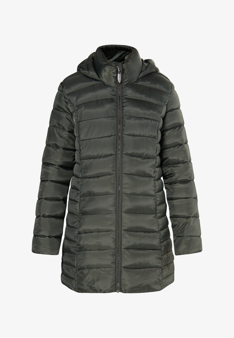 Green padded coat with a hood, featuring a front zipper, vertical stitched patterns, and a smooth, shiny texture.