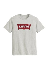 Camiseta de manga corta de color gris claro con cuello redondo y un logo rojo de Levi's centrado en el pecho.