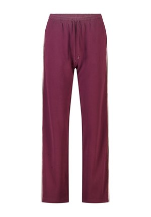 Pantalon bordeaux à taille élastique, jambes droites et fines rayures blanches sur les côtés.