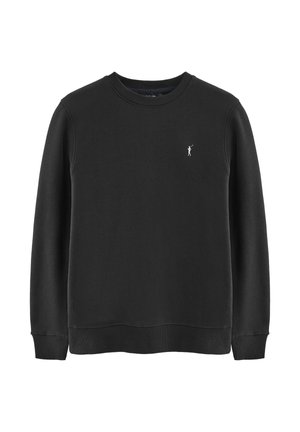 Sort sweatshirt lavet af blødt stof, med rund halsudskæring, ribbede manchetter og et lille, hvidt logo på brystet. Glat tekstur.