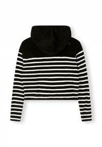 Felpa corta con cappuccio a righe bianche e nere, con una texture morbida e un cappuccio. Presenta righe orizzontali, colori a contrasto e maniche lunghe.