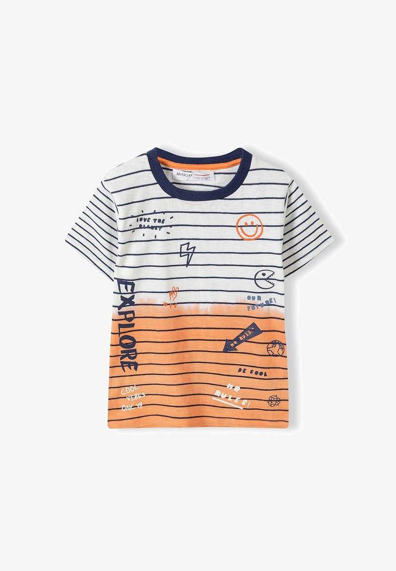 Child's short-sleeve t-shirt in cream and navy stripes, featuring orange accents, playful graphics, and text like "EXPLORE" and "NO RULES!"