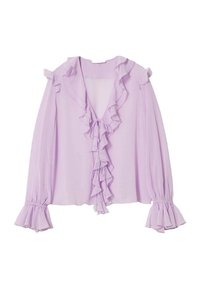 Bluzka z lawendowego szyfonu z falbaniastym dekoltem i zdobieniem z przodu, długie rękawy z rozkloszowanymi mankietami. Lekki i półprzezroczysty materiał.
