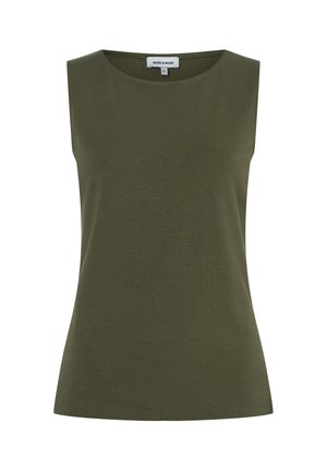 Ärmelloses olivgrünes Top mit rundem Ausschnitt und glatter Textur, Größe 36, ohne Muster oder Verzierungen.