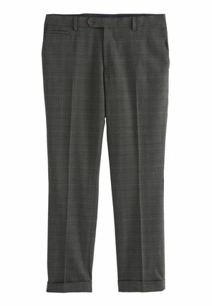 Graue Karottenhose mit geradem Schnitt, versehen mit dezenten Karomustern, seitlichen Taschen und einem umgeschlagenen Saum. Hergestellt aus einem strukturierten Stoff.