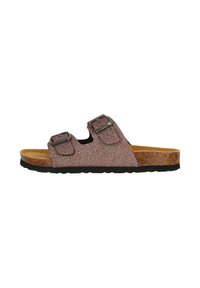 Glittrig rosa slide-sandal med två justerbara spännen, korkfotbädd och svart gummiyttersula, med en öppen tådesign och formad passform.