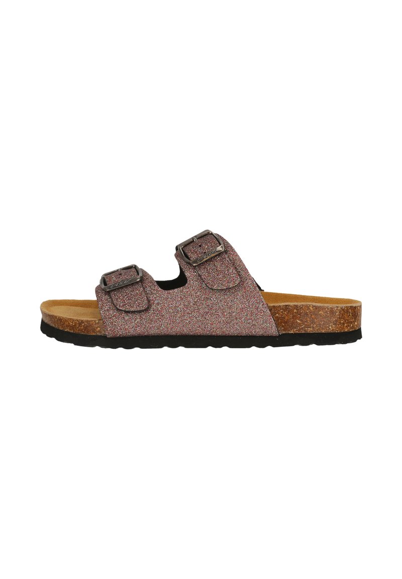 Glittrig rosa slide-sandal med två justerbara spännen, korkfotbädd och svart gummiyttersula, med en öppen tådesign och formad passform.