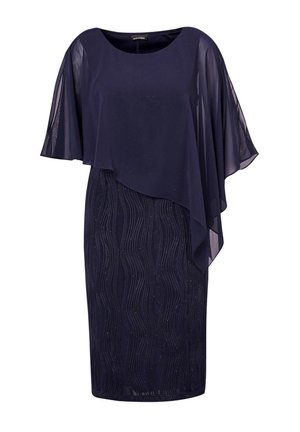 Marineblauwe jurk met een vloeiende chiffon overlay en een aansluitend, textuurgegeven onderste gedeelte met golfpatronen en subtiele versieringen.