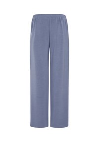 Pantalons de détente bleu clair, amples, avec une taille élastique, fabriqués dans un tissu doux, présentant un design à jambe droite sans poches.