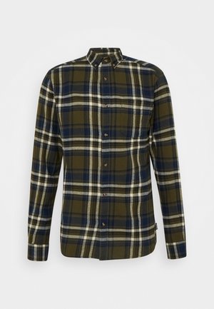 Chemise à carreaux verte et marine avec manches longues, col button-down et boutons marron sur le devant. Texture douce et tissée.