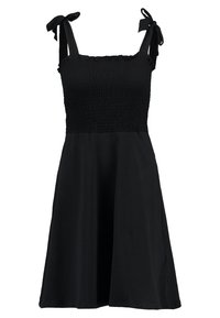 Černé šaty s nařaseným živůtkem a nastavitelými ramínky. A-liniový střih s hladkým povrchem a délkou po kolena.