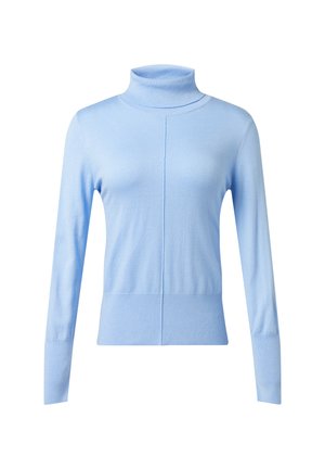 Hellblauer Rollkragenpullover aus weichem Stoff, mit langen Ärmeln, taillierter Passform und einer mittigen Naht auf der Vorderseite.