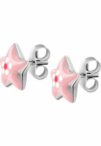 Orecchini a forma di stella rosa con finitura lucida, caratterizzati da accenti di pois bianchi e rossi e retro in metallo argentato.