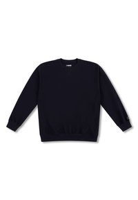 Felpa crewneck blu navy con maniche lunghe, polsini e orlo a costine, con un dettaglio a V sul colletto e un logo ricamato sul braccio.