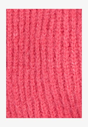Tessuto a maglia texturizzato in un vivace colore rosa, con un motivo a coste e una texture morbida e pelosa. Ideale per abbigliamento o accessori accoglienti.