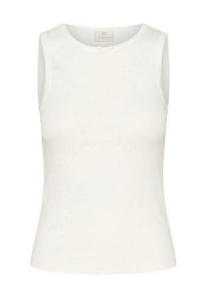 Bijela bezrukavna majica izrađena od mekanog materijala, s teksturiranim uzorkom i malim detaljem mašne sprijeda. Okrugli izrez s bešavnom izradom.