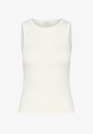 Bijela bezrukavna majica izrađena od mekanog materijala, s teksturiranim uzorkom i malim detaljem mašne sprijeda. Okrugli izrez s bešavnom izradom.