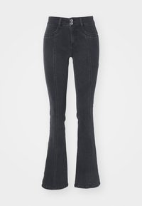 Črne široke jeans hlače iz denima, z visokim pasom, dvema sprednjima žepoma in dvema zadnjima žepoma, z vidnimi šivi.