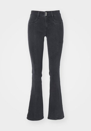 Jeans neri a zampa d'elefante in denim, con vita alta, due tasche anteriori e due tasche posteriori, con dettagli di cucitura in vista.