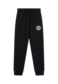 Zwarte joggingsbroek met een elastische tailleband en een trekkoord. Kenmerkt zich door ribgebreide boorden en een cirkelvormig logo op het bovenste deel van het linkerbeen. Gladde textuur.