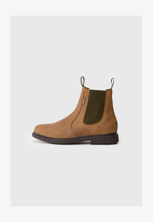 Brown leather Chelsea boots with green elastic side panels and a pull tab, featuring a sturdy rubber sole and sleek design.