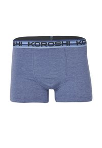 Blaue Baumwoll-Boxershorts mit einem schwarzen Bündchen, das blaue und schwarze Streifen aufweist, sowie dem Markennamen "KOROSHI" in schwarzer Schrift.