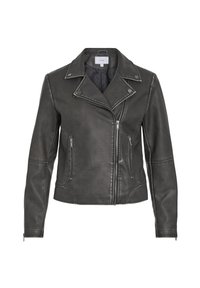 Graue Kunstleder-Bikerjacke mit Reverskragen, asymmetrischem Reißverschluss, zwei vorderen Reißverschlusstaschen und genähten Details an den Ärmeln.