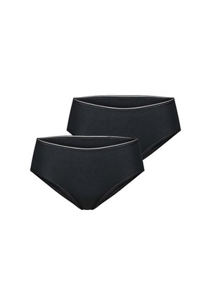 Dwie bezszwowe damskie majtki w stylu hipstera, czarne, z cienkimi elastycznymi paskami w talii, przedstawione na białym tle.