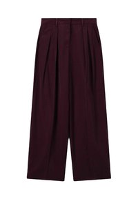 Wijde, hoge taille, donkerpaarse broek met plooien aan de voorkant, zijzakken, riemlussen en een verborgen sluiting aan de voorkant.