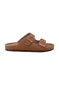 Bruine leren slip-on sandaal met twee verstelbare gespen, kurken tussenzool en een structuur voetbed, met een vlakke rubberen buitenzool.