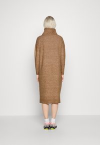 Robe pull en tricot marron avec un col montant, des manches longues et une coupe arrivant au genou. Caractérisée par une texture douce et une coupe décontractée.